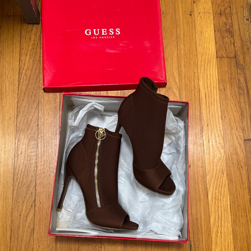 GUESS Brown Peep-Toe Stiletto Ankle Booties with Gold Zip Accent